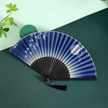 1 buc. Evantai pliabil din in, stil chinezesc, 23 cm, pentru femei, 7 inch, cu os de bambus, potrivit pentru afișare, dans, dimensiune aleatorie a găurii