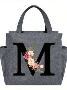 1pc Elegant Floral & Letter Tote Bag - Insulated Lunch Bag, Made Of Durable Polyester, Grey With Pink Flowers & Green Leaves, Suitable For Office, School And Outdoor Picnic
