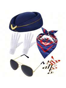 5 pièces Accessoires de costume d'hôtesse de l'air pour femmes, tenues d'hôtesse de l'air, chapeau, lunettes de soleil, foulard, gants pour Halloween