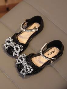 1 双时尚百搭粉色女孩珍珠和水钻蝴蝶结装饰可爱平底凉鞋，圆头，适合日常穿着、跳舞、户外，亮片装饰包头公主鞋，尺码偏小半码，春秋季