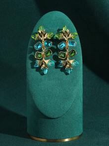 法式奢华金叶水晶吊坠耳环，方晶锆石，渐变色设计，18K镀金