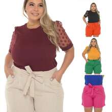 Kit 4 Plus Size Women's Linen High Waist Shorts With Bow - Beige, Orange, Green and Pink - View 2