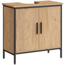 HOMCOM Under Sink Bathroom Cabinet, Industrial Freestanding Under Sink Cabinet With 2 Doors, Adjustable Shelf And Steel Frame For Basin Without Or With Pedestal, Oak - 棕色 - 查看 1