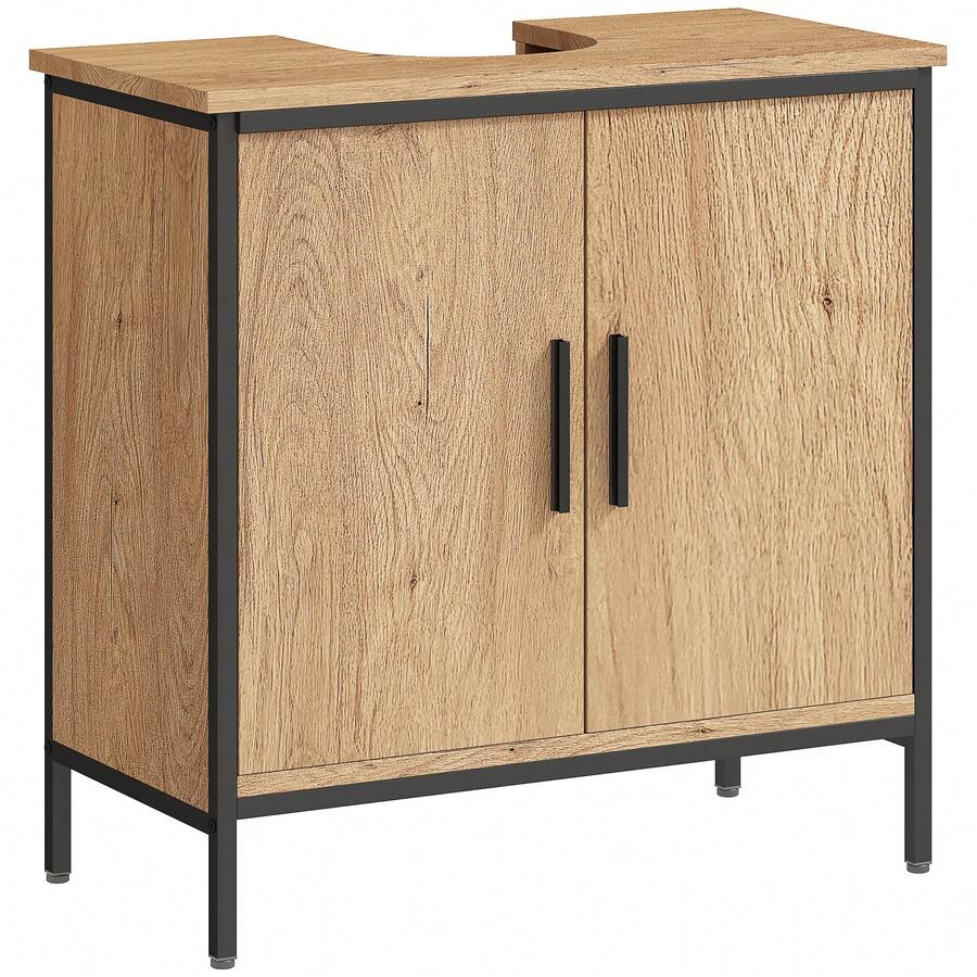 HOMCOM Under Sink Bathroom Cabinet, Industrial Freestanding Under Sink Cabinet With 2 Doors, Adjustable Shelf And Steel Frame For Basin Without Or With Pedestal, Oak - 棕色 - 查看 1