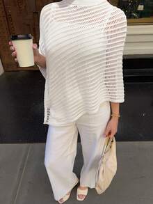 女士街头休闲简约性感圆领不对称披肩镂空针织上衣短袖网眼针织衫沙滩罩衫轻薄套头披肩半蝙蝠袖宽松衬衫，春夏秋季白色 - 白色 - 查看 3