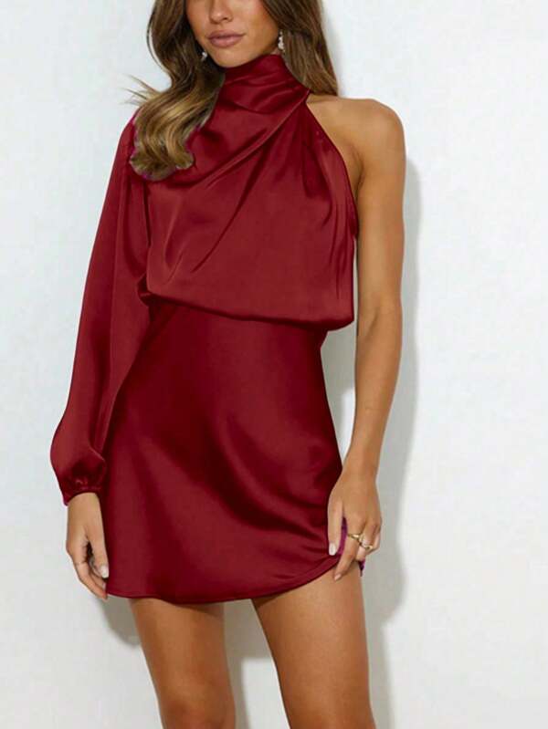 Vestido de noche de lujo con un hombro y mangas asimétricas de satén para mujeres, vestido de invitada de boda rojo, atuendos nuevos de Año Nuevo y Navidad para mujeres