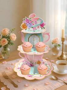 1 套 3 层花卉茶会纸杯蛋糕架装饰茶壶风格花卉主题派对蛋糕架甜点塔适用于公主生日婚礼派对用品、圣诞节