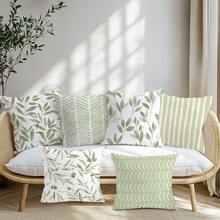 6 pièces Housses de coussin à motif géométrique de feuilles minimalistes vertes, imprimées sur un seul côté en velours pêche, 45*45/50*50/40*40CM Housses de coussin pour décoration de canapé en tissu moderne, décoration de fête, cadeau - 6 pièces - Vert - Voir 7