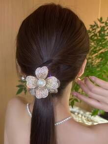2pcs Faux Pearl & Rhinestone Decorated Hair Scrunchies, New Mesh Four-Leaf Flower Petal Hair Ties, French Elegant Ponytail Holders, Shiny Polyester Hair Accessories ,Head Piece Hair Ties Head Accessories Elastic Band Hair Rubber Bands - As Shown - View 3