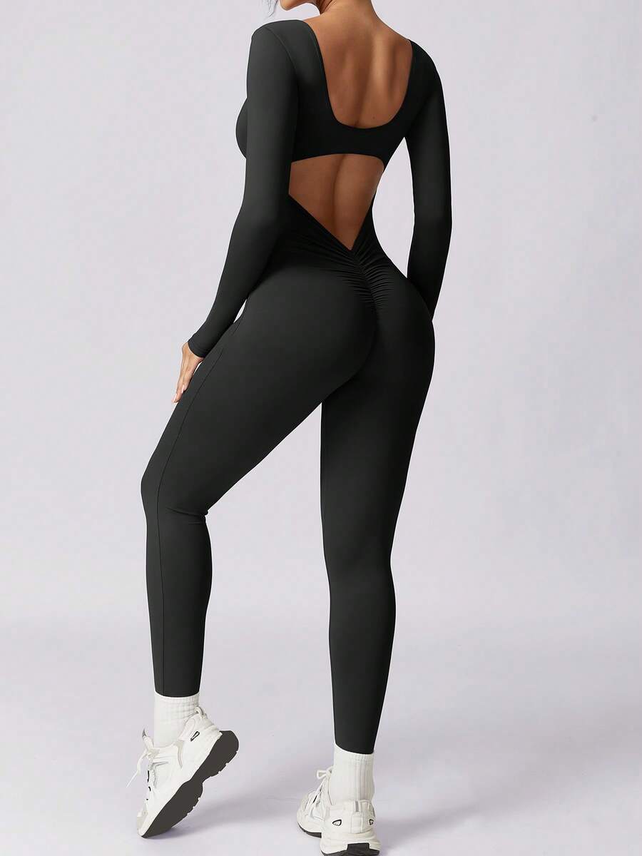 NcmRyu 1pc Women's Fashionable Minimalist Elastic Sports Jumpsuit - Black - View 1