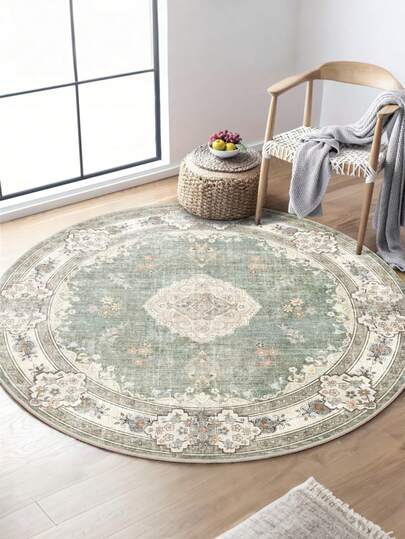 1 pieza Alfombra redonda de estilo boho, alfombra con patrón floral verde salvia suave y cómoda, antideslizante adecuada para dormitorio, sala de estar, baño, decoración de la habitación, alfombra pequeña, manta, alfombrilla para exteriores, alfombrilla de jardín, alfombra de sala de estar