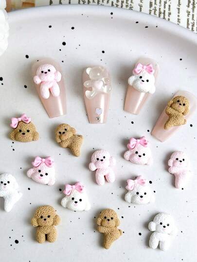 1Box Random Mixed Abs Bowknot Dog Cartoon Nail Charms 3D Cute Brown Teddy Dog, White Bichon Dog Sweet Style Simple Daily Nail Art Accessories Diy Nail Supplies Nails Nail Gems