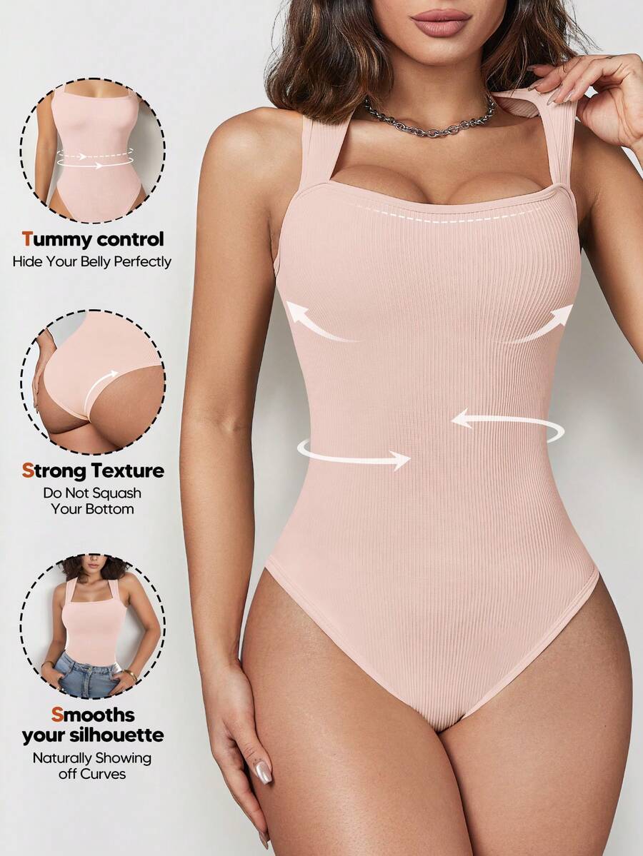 Women's Sexy Ribbed Camisole Crop Top Bodysuit With Square Neckline And Backless Design - Pink - View 1