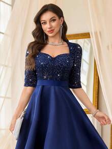 MIUSOL Sequin Floral Lace Contrast Satin Sweetheart Neck Half Sleeve Prom Party Swing Dress - Navy Blue - View 9