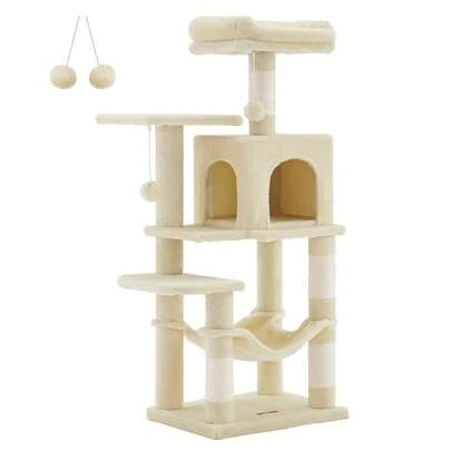 Albero per Gatti Alto 112 cm, Tiragraffi per Gatti, con 4 Pali Graffiatoi, 2 Posatoi, 1 Grotta, 1 Amaca, 2 Pompon, in Peluche a Più Livelli,  Beige