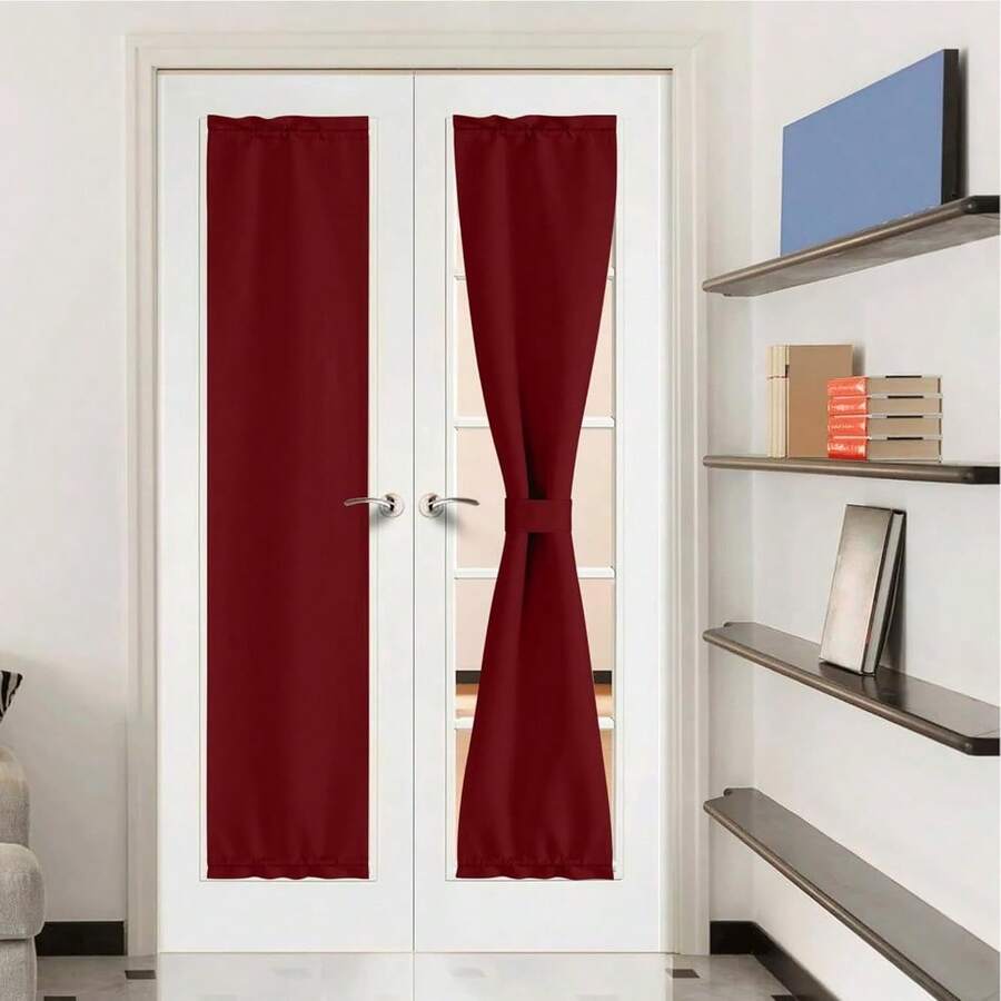 Local Warehouse- Door Curtain Panel, Grey French Door Curtains Blackout Thermal Insulated Curtain Sidelight Privacy For Window/Living Room/Doorways/Classroom (25W By 72L Inches, 1 Panel) - 酒紅色 - 查看 1