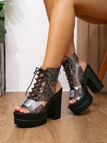 2026 New Women's High Heel Sandals, Waterproof Platform Punk Style Lace-Up Motorcycle Open Toe Sexy Fashion Sandals - Black - View 3