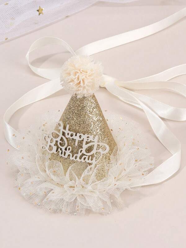 1 faixa de cabeça com glitter para meninas, com chapéus 3D dourados e prateados em champanhe e detalhes em tule bege, letras de "Feliz Aniversário", acessórios de cabelo para festa de aniversário