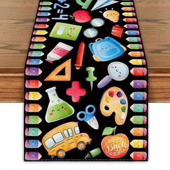 1pc Lively "School" Design Tablecloth With Colorful Pencils And Book Patterns - Polyester Decorative Tablecloth, Suitable For Back To School, Office Parties, Classroom Decor, Indoor/Outdoor Use, School Decorations, Back To School Decor, Fun Education Print