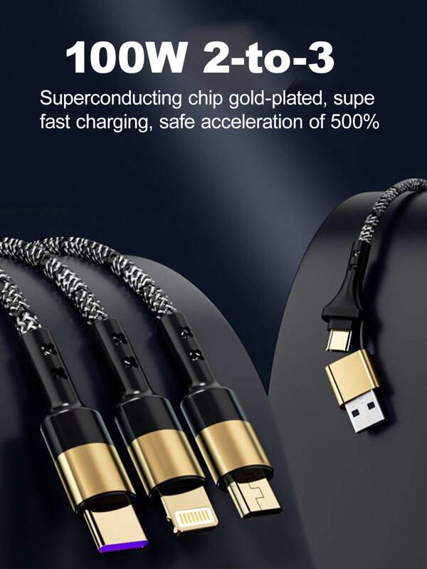 100W 3-IN-2 Fast Charging Gold-Plating Braided Cable Smart Super Fast Charging Support Multi-Interface Charging,USB-C To Lightning Charging,Nylon Braid Cable Fast Charging And Data Transfer Cable, Compatible With Iphone 16/16pro/15/15pro/15plus/15pro Max S/14/13,Vivo,Compatible With Samsung Compatible With IPhone, Android, Camera, MP3 Universal Adapter, Charger