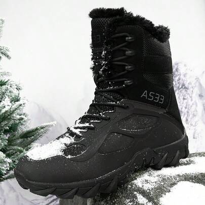 Autumn/Winter New High-Top Thick-Soled Warm Thermal Lined Men's Outdoor Snow Boots, PU Plus Size Women's Boots (Size 38-48), Outdoor Hiking Shoes, Comfortable Casual Shoes, Combat Military Boots, Training Boots, Warm Trekking Travel Boots, Outdoor Sports Climbing Boots, Waterproof Non-Slip Wear-Resistant Black Snow Boots