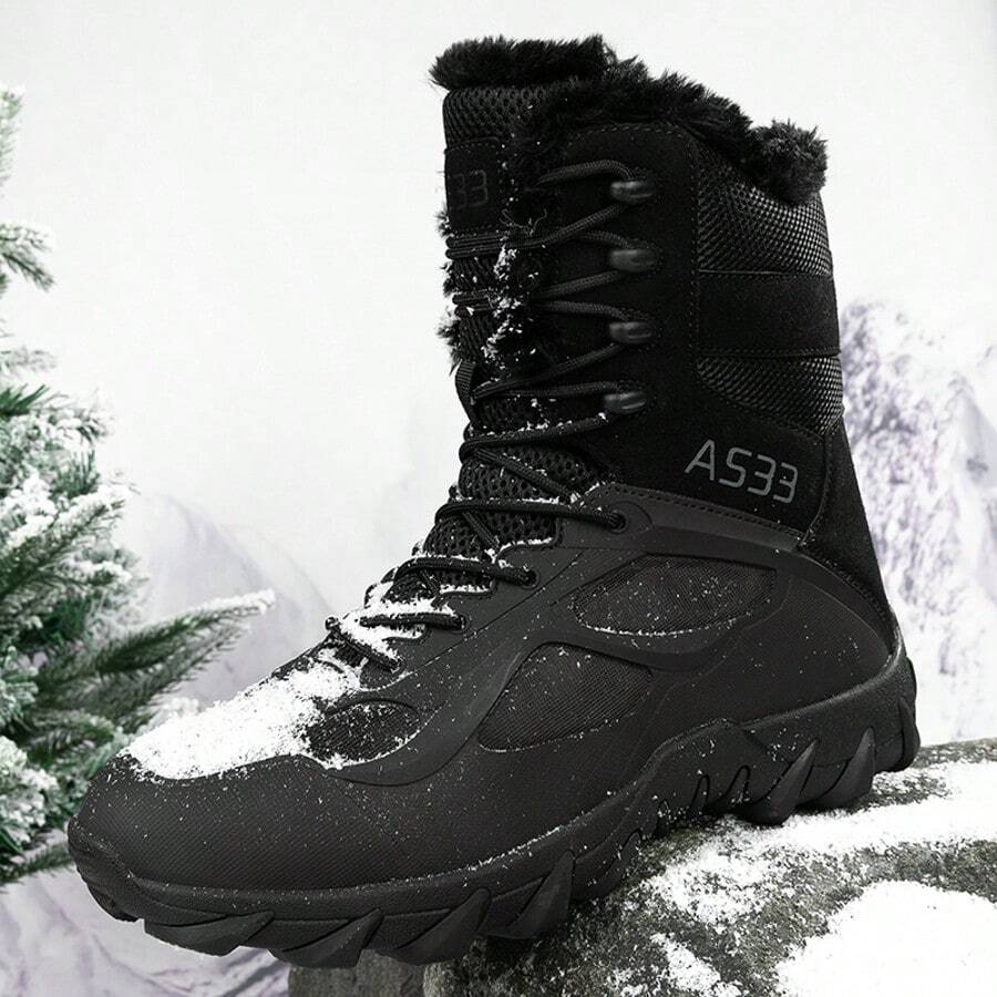 Autumn/Winter New High-Top Thick-Soled Warm Thermal Lined Men's Outdoor Snow Boots, PU Plus Size Women's Boots (Size 38-48), Outdoor Hiking Shoes, Comfortable Casual Shoes, Combat Military Boots, Training Boots, Warm Trekking Travel Boots, Outdoor Sports Climbing Boots, Waterproof Non-Slip Wear-Resistant Black Snow Boots - Black - View 1