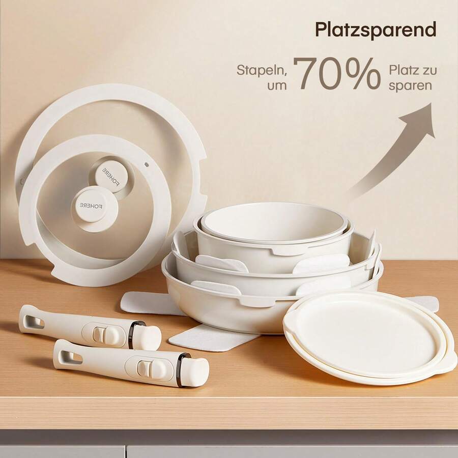 Pot Set With Removable Handle, Non-Stick Ceramic Pot And Pan Set, 16-Piece Pot Set, Pot Set, Cooking Pot Set, Oven-Friendly, For All Stove Types, Stackable