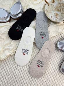 4 Pairs Women's Spring/Summer/Autumn Letter & Heart Print Thin Invisible Boat Socks With Non-Slip Heel Design, Suitable For Daily Wear - Multicolor - View 8