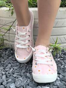 女士休闲碎花平底鞋，时尚白色雏菊图案，适合万圣节、圣诞节、夜总会派对，鞋底柔软，舒适、透气、防滑，加大码，户外步行运动鞋 - 粉色 - 查看 3