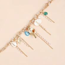 1pc Bohemian Style Starfish Shell Tassel Faux Pearl Necklace, Handmade Multilayer Pearl Choker Necklace, Suitable For Bikini Beach Vacation Wear