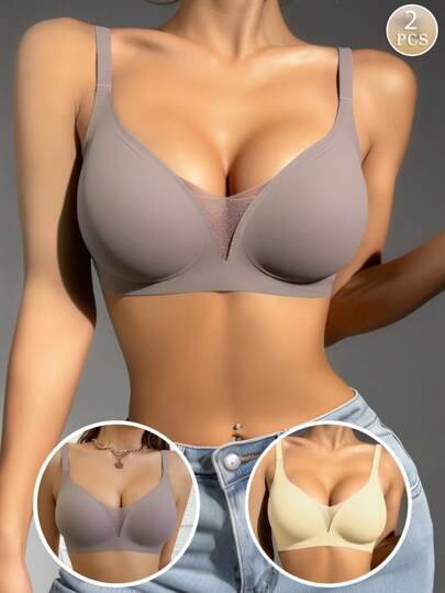 Conjunto de 2 sutiãs de malha com cobertura total, sutiã minimizador de suporte macio e sem fio