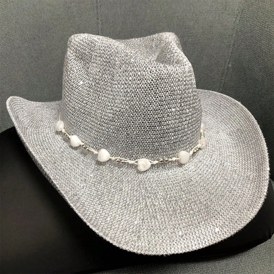 Sequin Cowgirl Hat Western Hat With Heart Beaded Belt Breathable Sun Cap For Women Men - 灰色 - 查看 1