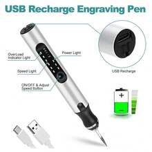 Electric Engraving Pen Tool Kit USB Rechargeable Engraver Etching Pen Mini Cordless Carve Tool For DIY Art Carving Glass Wood Metal Stone Plastic Nails Jewelry - Silver - View 2