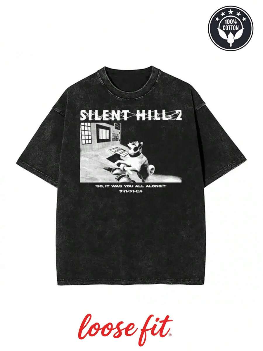 230G Washed Pure Cotton T-Shirt, Men'S Casual Fashion, With Dark 'Silent Hill 2 Theme' Print, Outdoor Sports T-Shirt |   Loose Fit |   Soft Knitted T-Shirt - Black - View 1