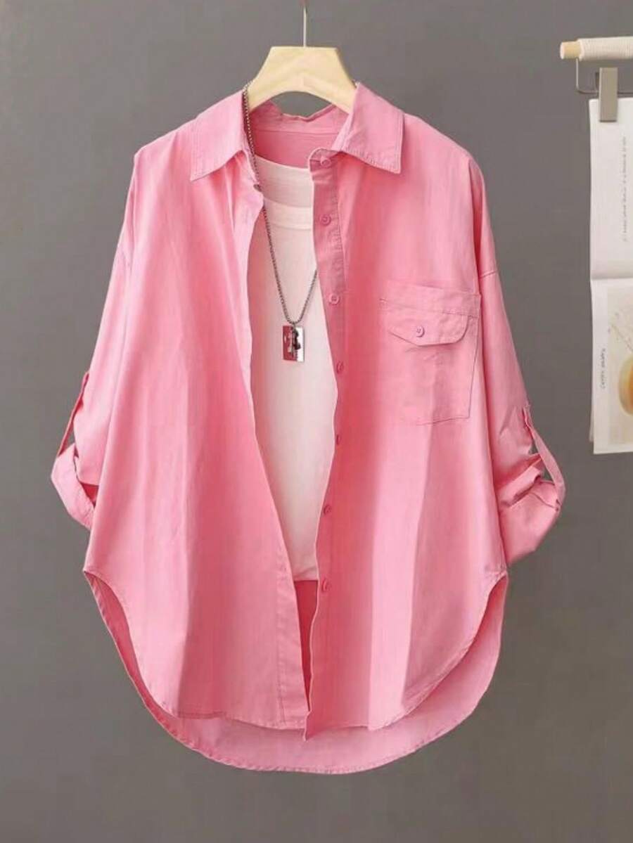 Women Casual Versatile Solid Color Roll Up Sleeve Shirt