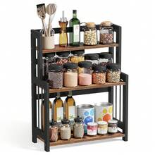 Portaspezie, Scaffale da Cucina a 3 Ripiani, Organizzatore da Banco, Struttura in BambÙ, per Cucina, Sala da Pranzo, Ufficio, Marrone Vintage e Nero - Castano - Visualizzare 9