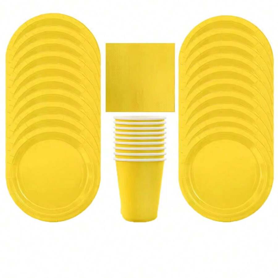 Bộ đồ ăn dùng một lần màu vàng 10 món - gồm 10 đĩa, 10 cốc 9oz và khăn ăn, thích hợp cho sinh nhật, tiệc tùng, dã ngoại và trang trí tiệc nướng BBQ. - Màu vàng - Xem 1