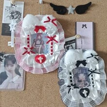 Portacarte per foto con orecchie di coniglio e gatto in peluche fatti a mano, pizzo, stile Kpop, materiale scolastico, per il ritorno a scuola
