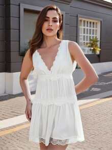 Womens Y2k Lace Patchwork Mini Dress Solid Color Lace Trim Deep V Neck A Line Short Dress Summer Backless Sleevelss Low Cut Drop Waist Short Tunic Dress Home Nightgown Sleep Dress - 白色 - 查看 5