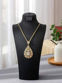 1pc Middle Eastern Style Women Water Drop Shaped Pendant Necklace With Gold Plated Hollow Carved Moroccan Bride Jewelry - Yellow Gold - View 5