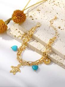 1 Peça Pulseira com Temática Oceânica, Estrela do Mar, Tartaruga, Concha e Coração de Pedra