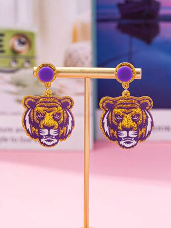 1 Pair Fashionable Cute Tiger & Gold Foil Acrylic Drop Earrings, Everyday Wear For Women
