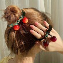 3 pièces Attache cheveux en forme de cerise pour femmes - Rouge vibrant avec ruban à pois verts, plastique durable, polyvalent pour toutes les saisons, cadeau idéal pour la Saint-Valentin