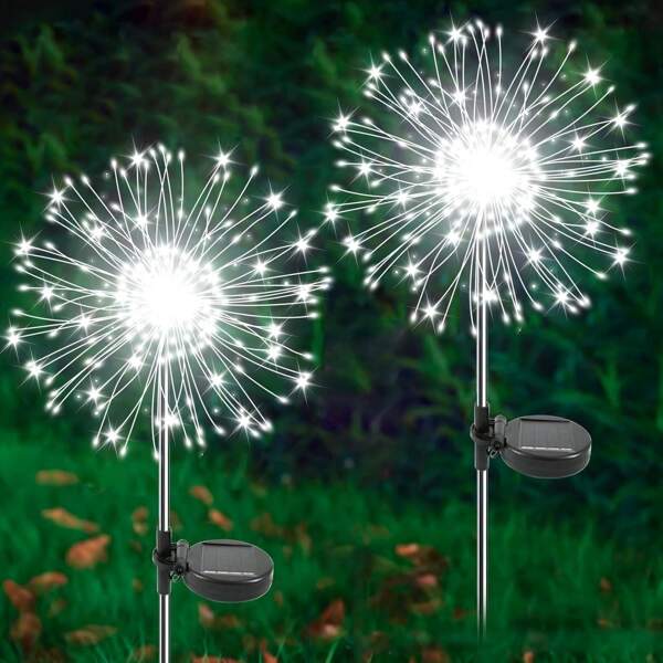 2 stuks zonne-vuurwerkverlichting - IP44, 8 lichtstanden, ideaal voor tuin, pad, feesten, kamperen, picknicks, Kerstmis, Ramadan, Pasen, Vaderdag en Halloween, feestelijke buitenverlichting | Vuurwerkontwerp | Zonne-energie verlichting, kerstdecoratie voor buiten