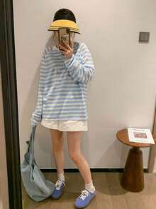 女士撞色条纹长袖T恤，休闲宽松薄款防晒罩衫，春夏 - 藍色條紋 - 查看 4