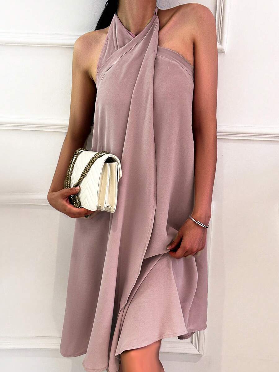 Váy đi biển không tay xếp ly bất đối xứng mùa hè cho nữ Váy cocktail mini thanh lịch Váy cưới cổ yếm cho nữ - Bụi hồng - Xem 1