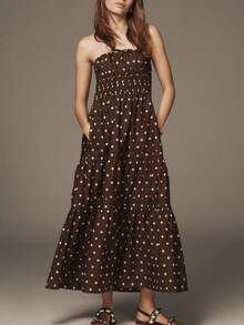 Women Elegant Polka Dot Maxi Dress Spaghetti Strap Backless Cocktail Party Bodycon Long Dress - Cà phê - Xem 4