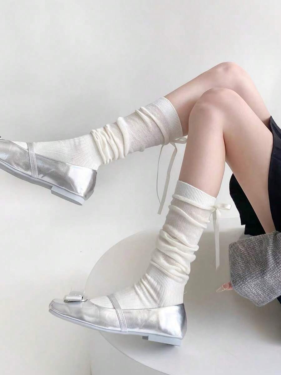 1/2 双女式芭蕾风格条纹及膝袜，带蝴蝶结装饰，白色/黑色，适合春/夏/秋季，Y2K