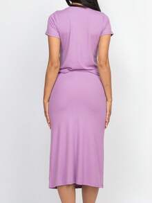 Modest Casual Rib-Knit Two-Piece Skirt Set Round Neck Regular Length Top And Skirt For Women Comfortable High Stretch Fabric - 蘭花 - 查看 3