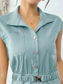 Mono casual corto liso de moda para mujer estilo juvenil cómodo para la temporada de verano - Azul - Ver 3